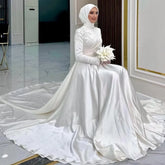 Ivory A Line Satin Muslim Bridal Dress Robes De Mariée Elegant Women Wedding Gowns Dubai Hijab Bride Dresses